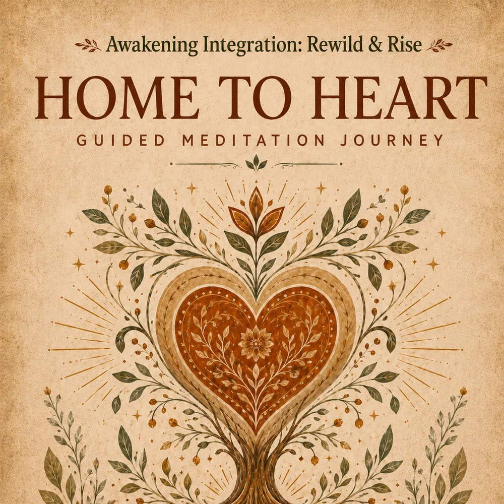 Home to Heart, a guided meditation journey, a heart formed of intertwining branches, leaves, and roots on aged parchment in warm earth tones.