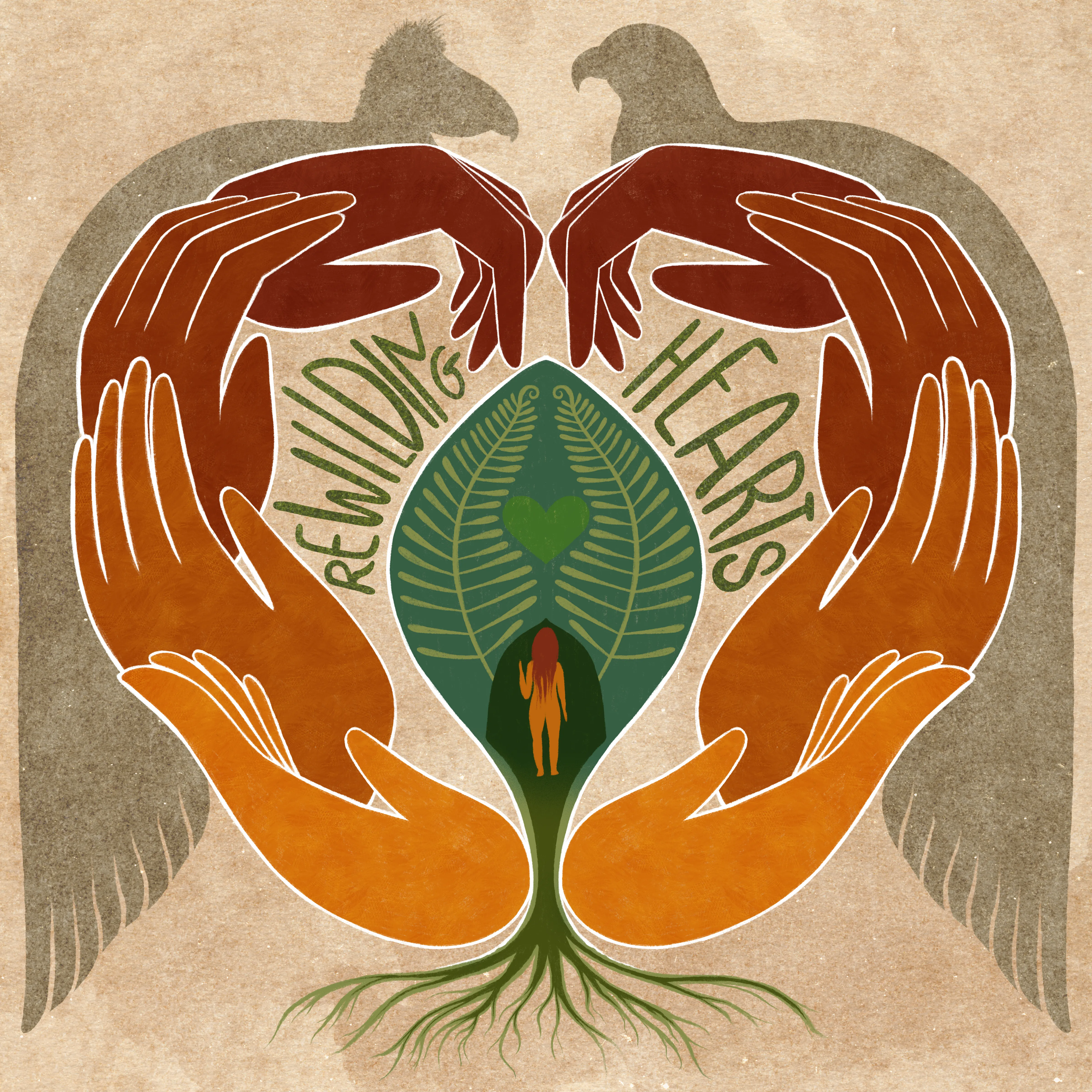 Rewilding Hearts emblem, two hands forming a heart and wings around a fern leaf and a rooted, rising figure.