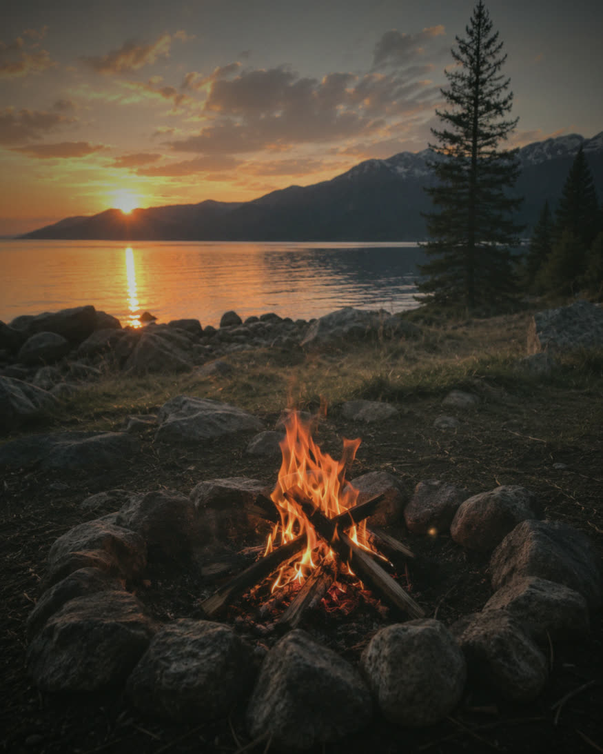 A campfire burning in a ring of stones beside a mountain lake at sunset.