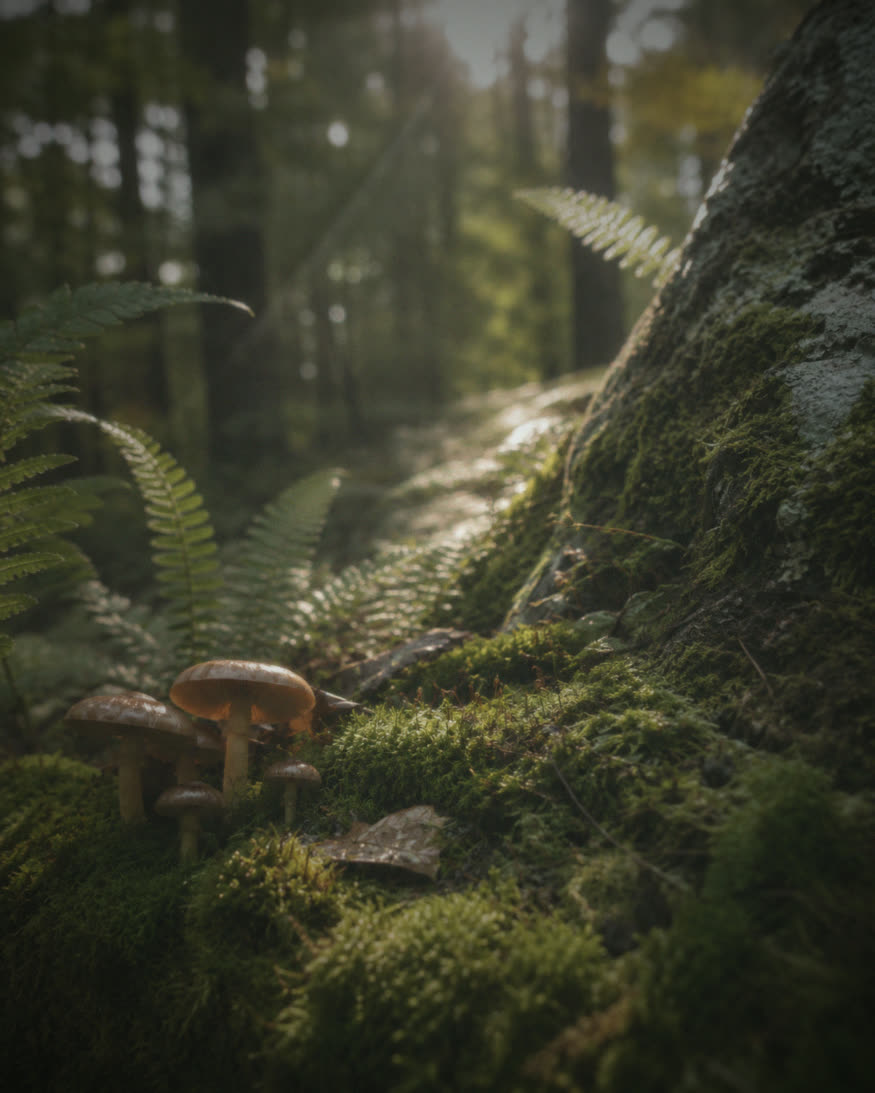 A sunlit forest floor in close-up, small mushrooms and ferns growing from deep green moss at the base of a tree.