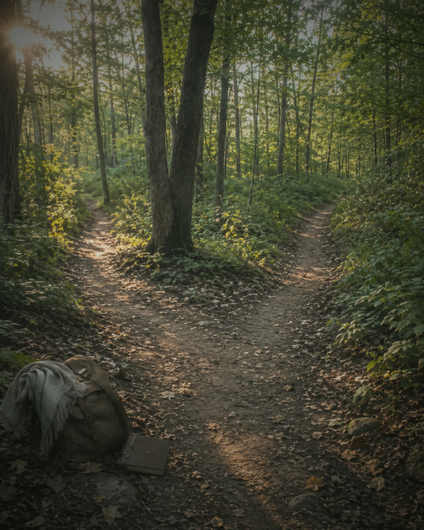 A forest trail forking into two paths in golden light, a satchel and a book resting where they part.