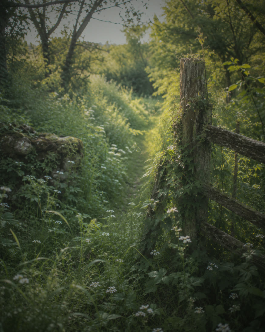 An overgrown green path with wildflowers, an old wooden fence post reclaimed by climbing vines.