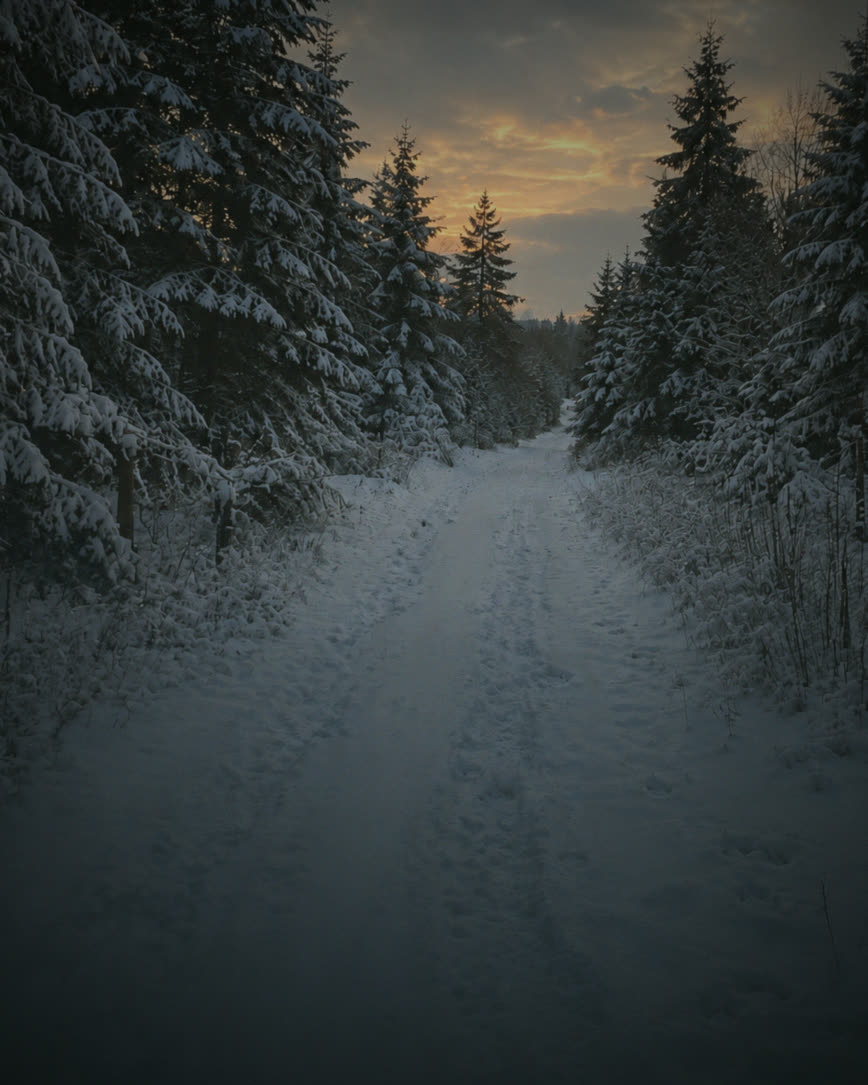 A snow-covered path between snow-laden evergreens at sunset.